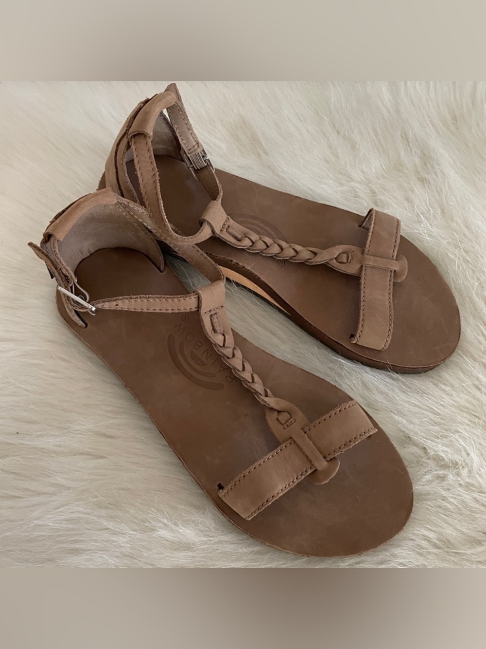 Rainbow Brown Women’s Braided T-Strap Leather Sandals